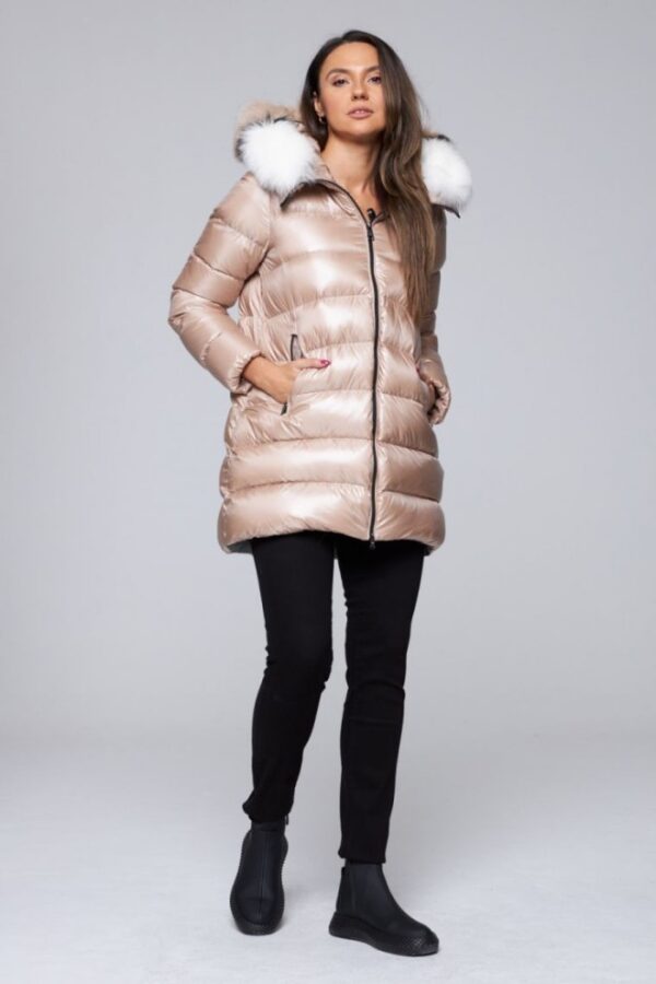 HETREGO Beżowa damska długa kurtka puchowa Hygiea z lisem, Rozmiar 38 EU - 42 IT