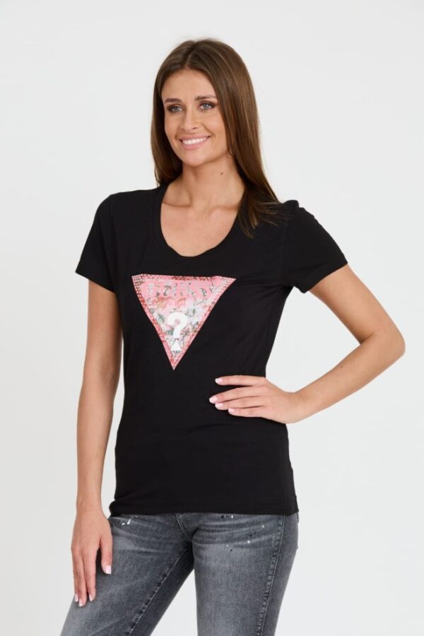 GUESS Czarny damski t-shirt Satin Triangle Tee