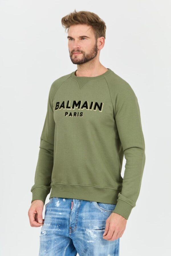 BALMAIN Zielona męska bluza Flock&foil Sweatshirt