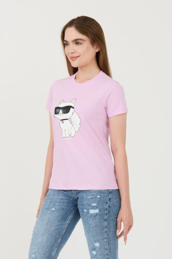 KARL LAGERFELD Lawendowy damski t-shirt Ikonik 2.0 Choupette