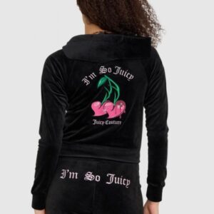 JUICY COUTURE Czarna welurowa bluza dresowa damska z haftowanymi wisienkami