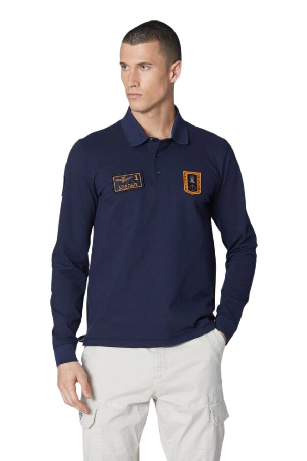 AERONAUTICA MILITARE Granatowe męskie polo z długim rękawem Piqué