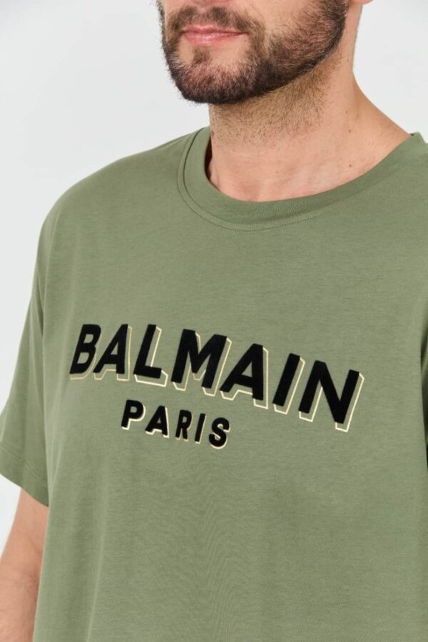 BALMAIN Zielony męski t-shirt Flock&foil T-shirt Bulky Fit