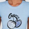 GUESS Niebieski damski t-shirt bawełniany z printem i cyrkoniami