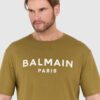 BALMAIN Zielony t-shirt męski z drukowanym białym logo
