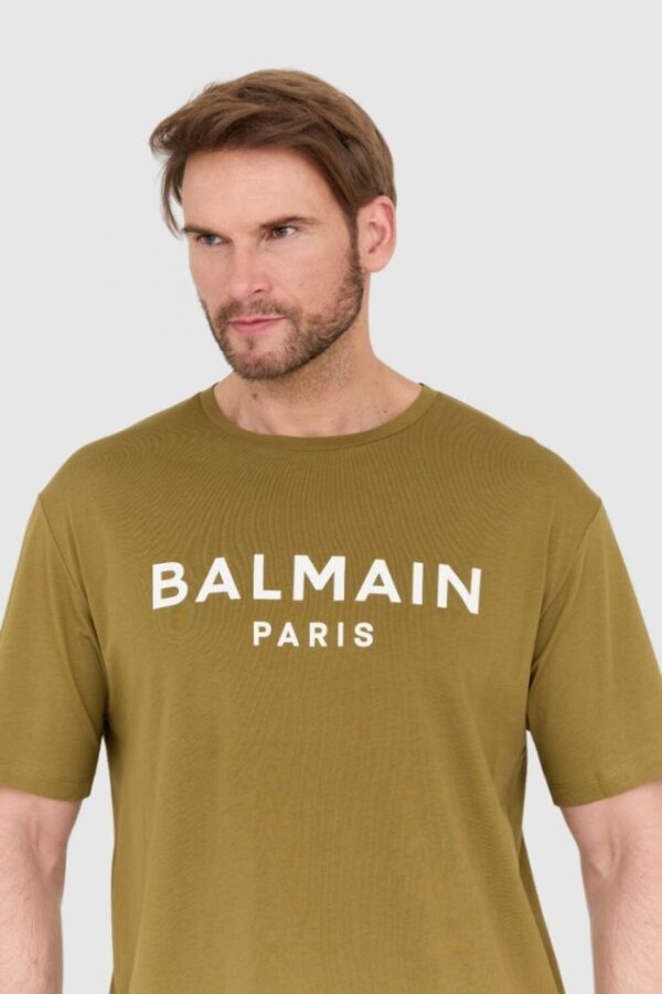 BALMAIN Zielony t-shirt męski z drukowanym białym logo