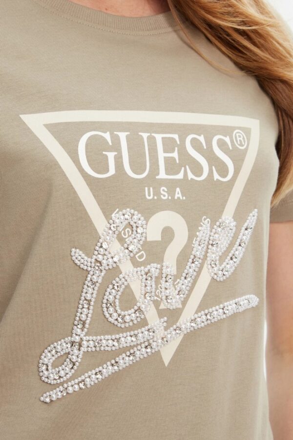 GUESS Zielony damski t-shirt Pearls Love