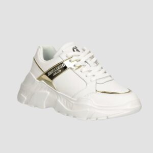 JUST CAVALLI Białe sneakersy ze złotym logo Fondo Casper