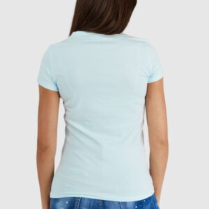 5022b3da1c81a9dcadc5184a4a92ddc0a393b433 GUESS Błękitny t-shirt damski z logo z liśćmi i cyrkoniami