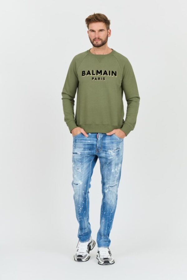 BALMAIN Zielona męska bluza Flock&foil Sweatshirt