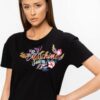 55f9aa1c3c80c84409ee8d0bd8bd9e9ca2c1f6cb MOSCHINO Czarny t-shirt damski z logo i kwiatami