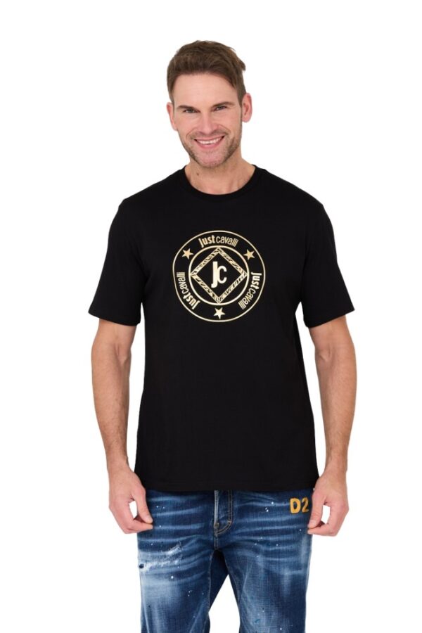 JUST CAVALLI Czarny męski t-shirt Fiche Gold