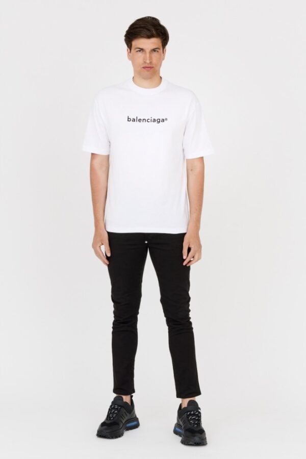 BALENCIAGA Męski biały t-shirt z czarnym logo