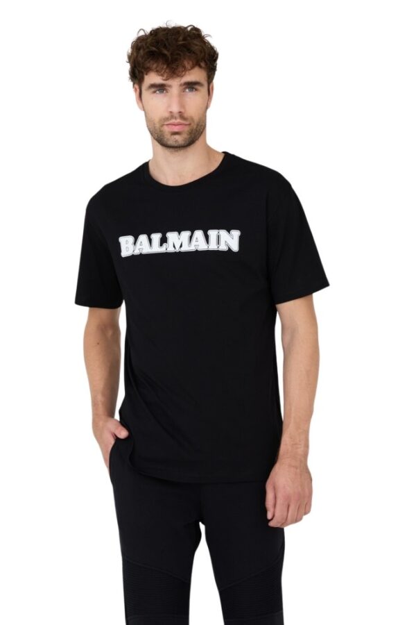 BALMAIN Czarny męski t-shirt z białym logo Retro Balmain Flock
