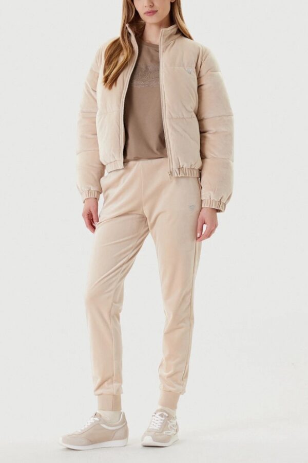 GUESS Beżowa zamszowa damska kurtka Couture Puffer