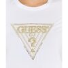 GUESS Biały t-shirt damski ze złotym haftowanym cyrkoniami logotypem slim fit