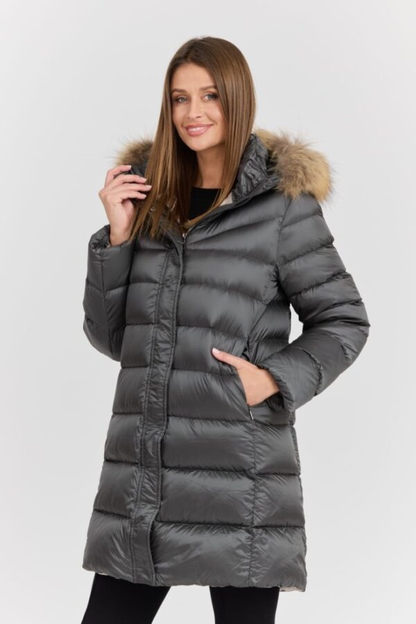 748e934c0ecad16866a6b8b9a0df4c870edd2c32 HETREGO Szara damska kurtka puchowa Leonie Quilted Woman Jacket With Detached Hood, Rozmiar 36 EU - 40 IT