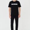 BALMAIN Czarny męski t-shirt z białym logo Retro Balmain Flock