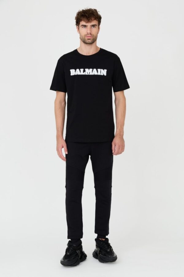 BALMAIN Czarny męski t-shirt z białym logo Retro Balmain Flock