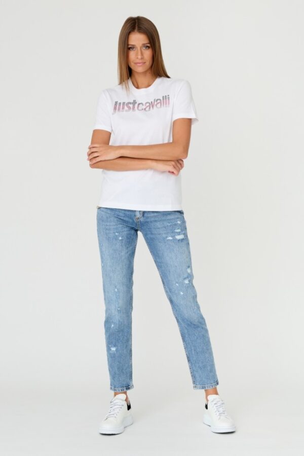 JUST CAVALLI Biały damski t-shirt R LOGO CRYSTAL