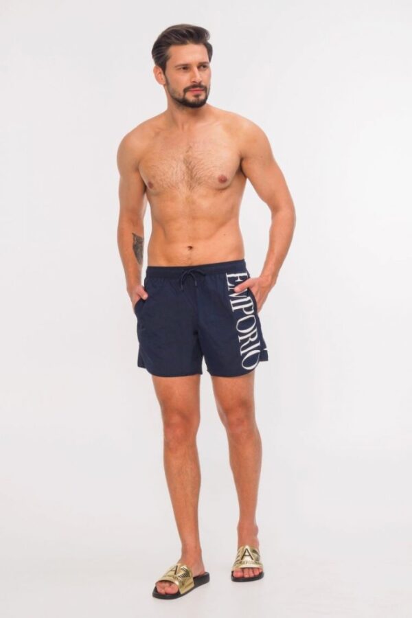 7985972ed1df68cd6d06d6ef5c4ebafea37d270f EMPORIO ARMANI Granatowe męskie szorty kąpielowe z białym logo, Rozmiar 50