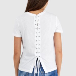 GUESS Biały t-shirt damski z nadrukiem i wiązaniem na plecach