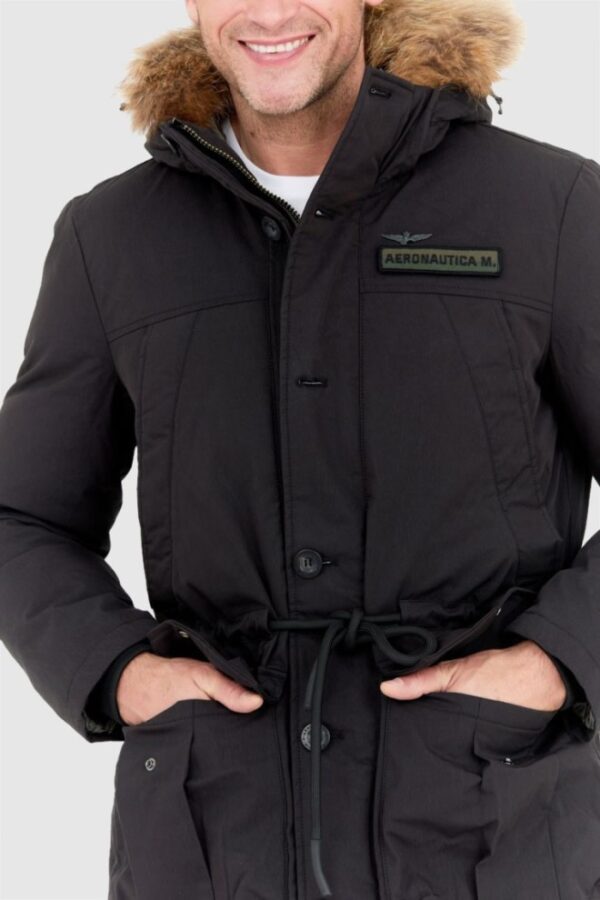AERONAUTICA MILITARE Czarna parka męska z futrem jenota, Rozmiar 54