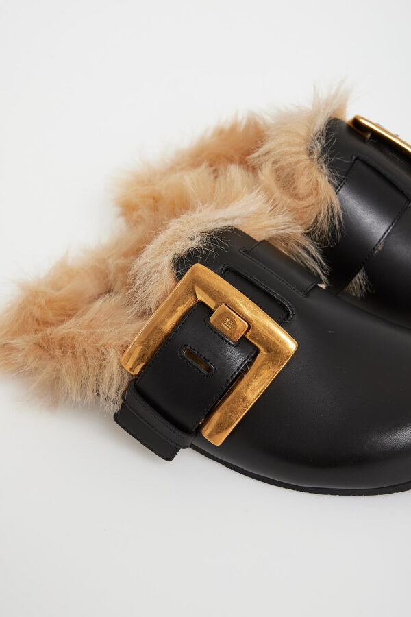 Mule damskie skórzane z futrem BALMAIN