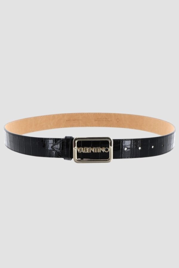 VALENTINO Czarny pasek damski lakierowany Around Plaque Buckle Belt