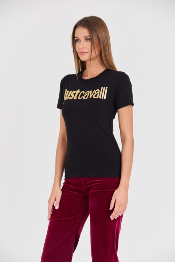 JUST CAVALLI Czarny damski t-shirt Logo Gold