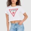 GUESS Biały krótki t-shirt damski bawełniany z surowym wykończeniem boxy fit