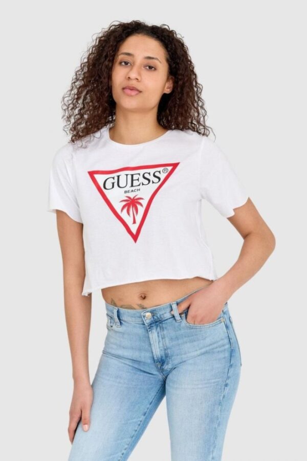 GUESS Biały krótki t-shirt damski bawełniany z surowym wykończeniem boxy fit