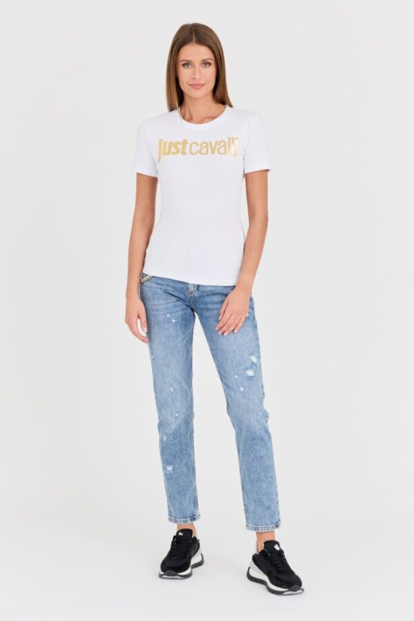 JUST CAVALLI Biały damski t-shirt Logo Gold