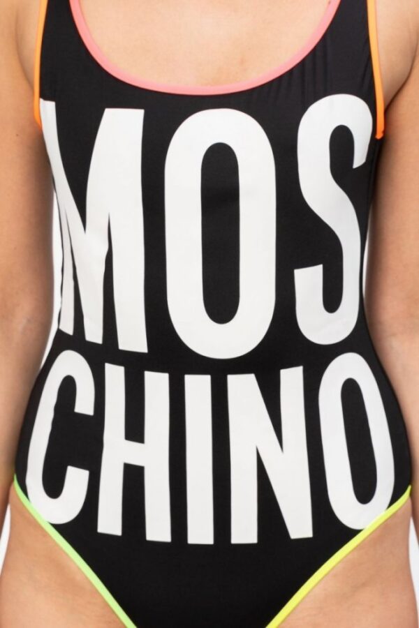MOSCHINO Czarny jednoczęściowy strój kąpielowy z neonowymi lamówkami