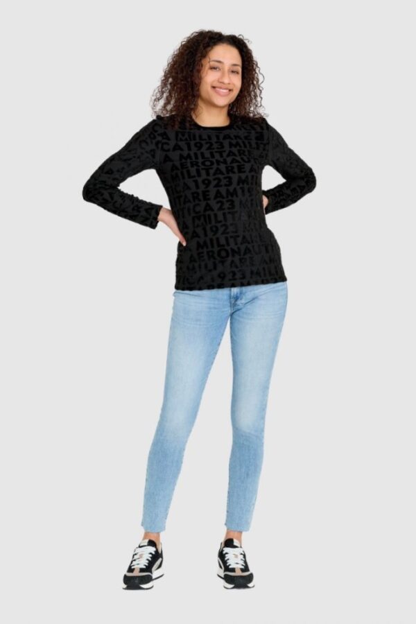 AERONAUTICA MILITARE Czarna welurowa bluza damska w wytłoczone logotypy