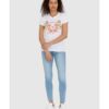 GUESS Biały t-shirt damski z logo z kwiatami i dżetami slim fit