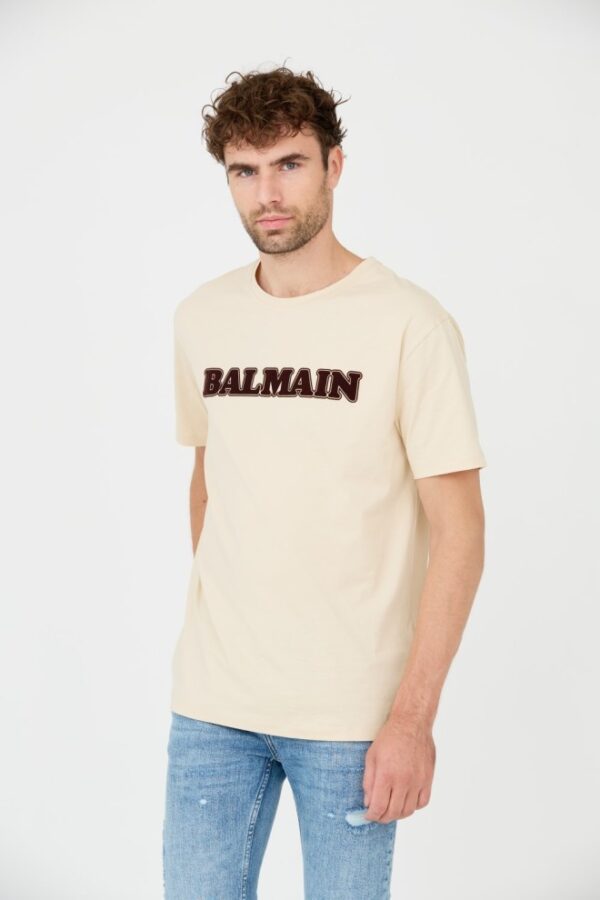 BALMAIN Beżowy męski t-shirt Retro Balmain Flock