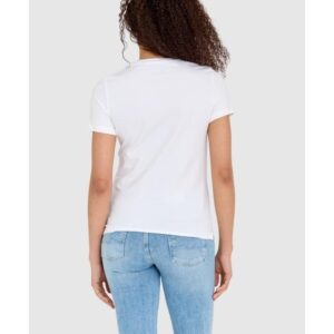 99493472e74c31d0c00c432fd52adb1944059e5c GUESS Biały t-shirt damski ze złotym haftowanym cyrkoniami logotypem slim fit