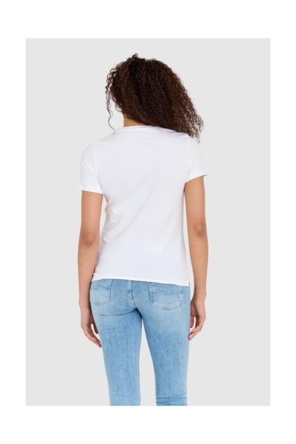 GUESS Biały t-shirt damski ze złotym haftowanym cyrkoniami logotypem slim fit