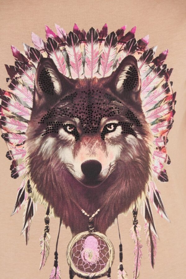 GUESS Brązowy damski t-shirt bawełniany z wilkiem