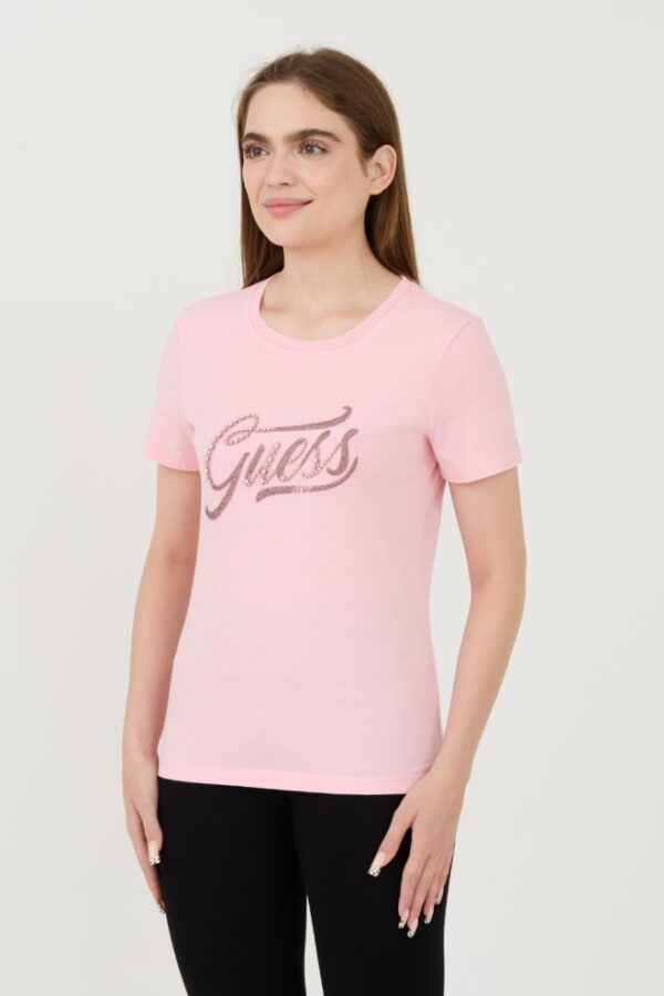 GUESS Różowy damski t-shirt bawełniany Stones&embro Tee