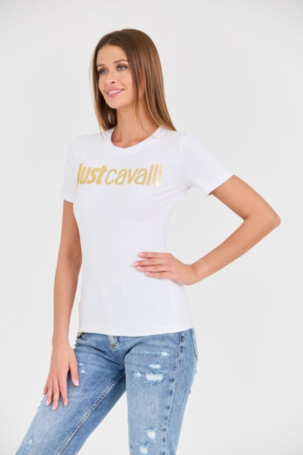 JUST CAVALLI Biały damski t-shirt Logo Gold
