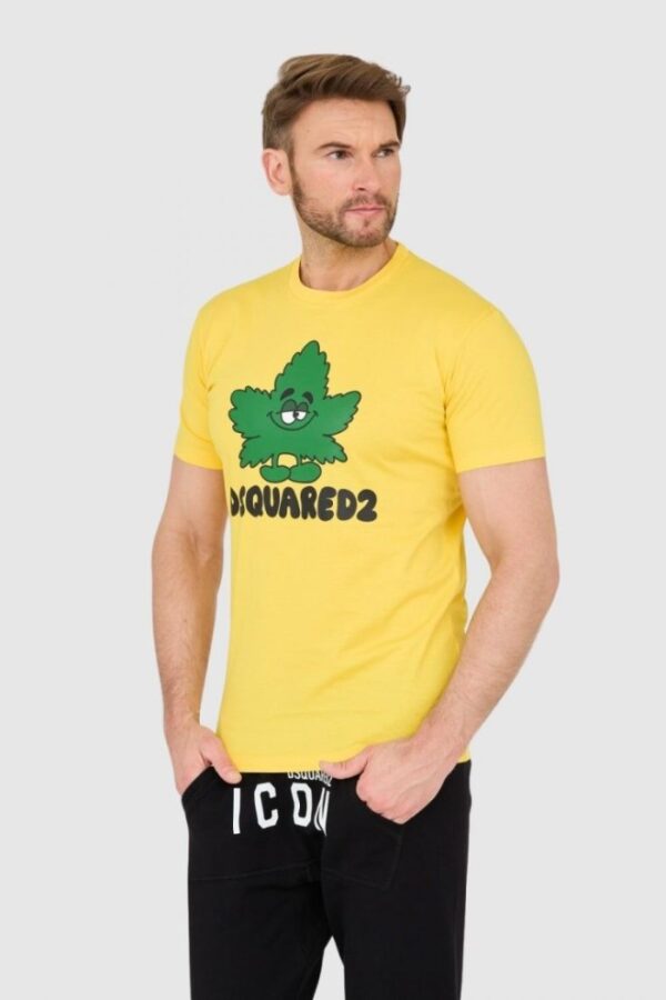 DSQUARED2 Żółty męski t-shirt z logo i zielonym liściem