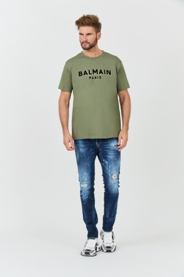 BALMAIN Zielony męski t-shirt Flock&foil T-shirt Bulky Fit