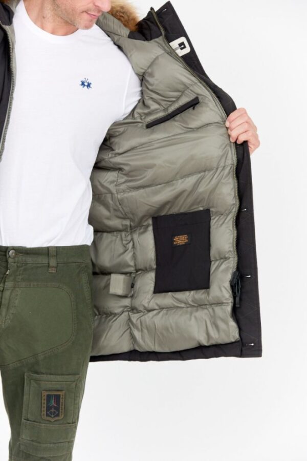 AERONAUTICA MILITARE Czarna parka męska z futrem jenota, Rozmiar 54