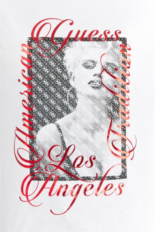 b6d46dec8b19434b9a254ace52d88d611d9177ac GUESS Biały t-shirt damski bawełniany z nadrukiem