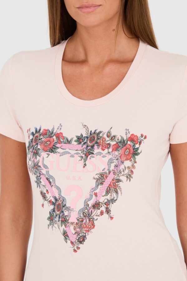 GUESS Różowy damski t-shirt bawełniany z logo