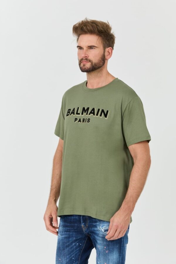 BALMAIN Zielony męski t-shirt Flock&foil T-shirt Bulky Fit
