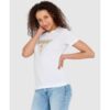 GUESS Biały t-shirt damski ze złotym haftowanym cyrkoniami logotypem slim fit