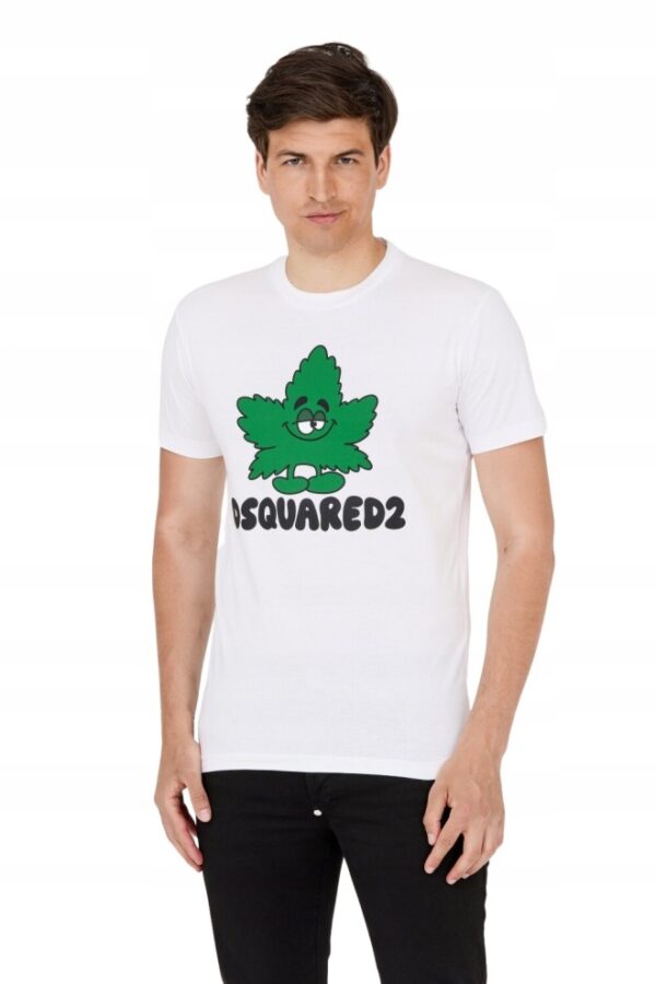 DSQUARED2 Męski biały t-shirt z zielonym liściem
